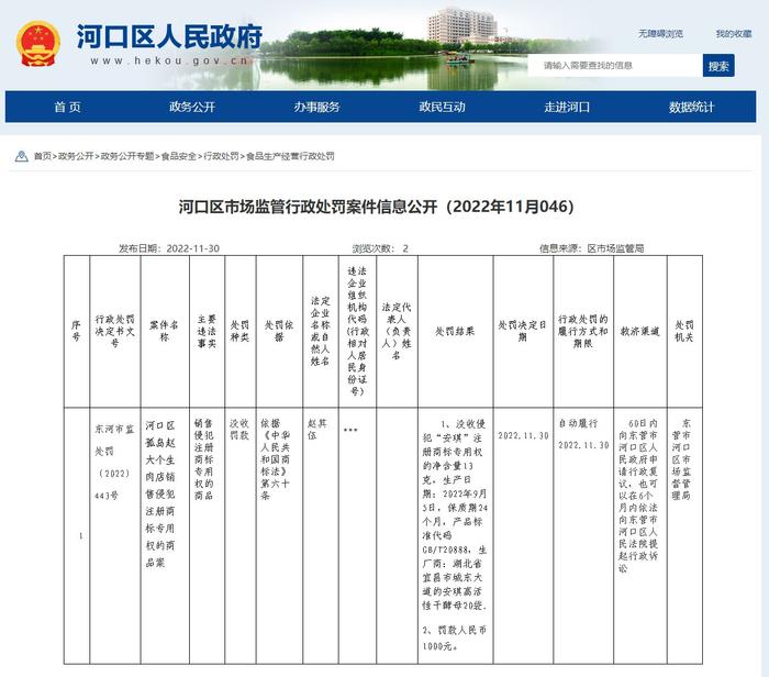 山东省东营市河口区市场监督管理局公开行政处罚案件信息（东河市监处罚〔2022〕443号）