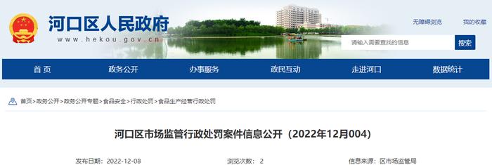 山东省东营市河口区市场监督管理局公开行政处罚案件信息（2022年12月004）