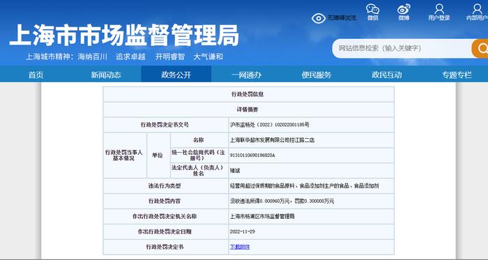 上海市杨浦区市场监督管理局关于上海联华超市发展有限公司控江路二店的行政处罚信息