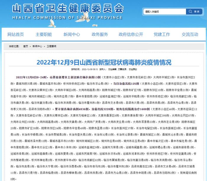 12月8日山西新增本土确诊病例13例　太原市54个高风险区调整为低风险区　全国新增确诊3637例