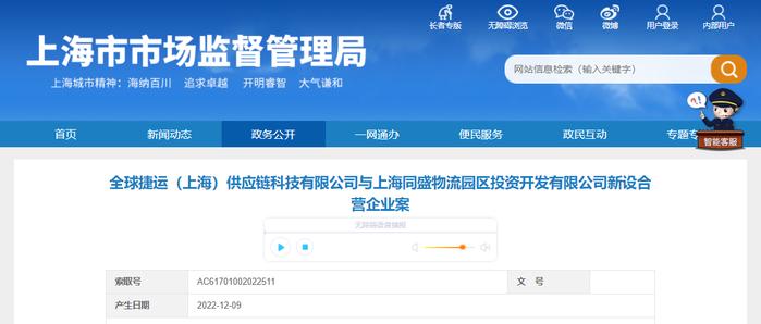 全球捷运（上海）供应链科技有限公司与上海同盛物流园区投资开发有限公司新设合营企业案