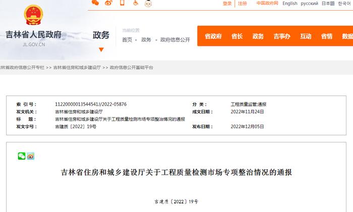 吉林省住房和城乡建设厅关于工程质量检测市场专项整治情况的通报