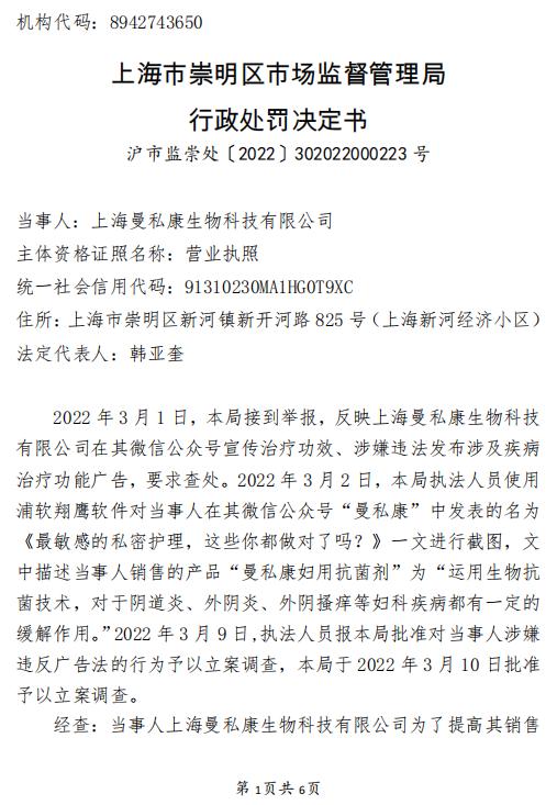 上海曼私康生物科技有限公司广告违法被罚