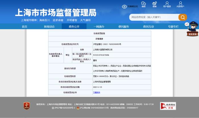 上海德大堂国药有限公司违规购进药品被罚10万元