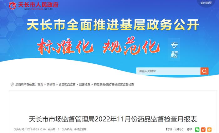 安徽省天长市市场监督管理局公布2022年11月份药品监督检查情况