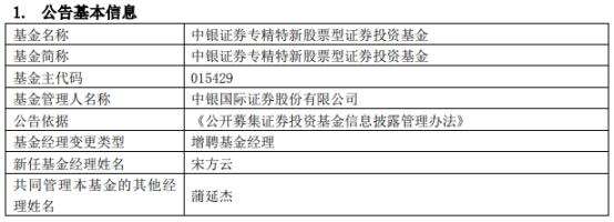 中银证券2只基金增聘基金经理宋方云