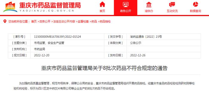 ​重庆市药监局关于8批次药品不符合规定的通告