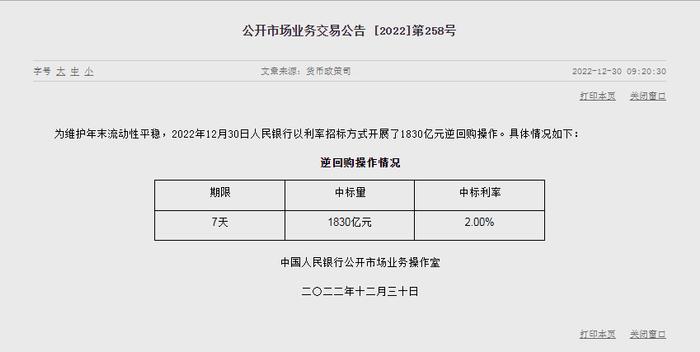 1830亿元！中国人民银行发布最新公告