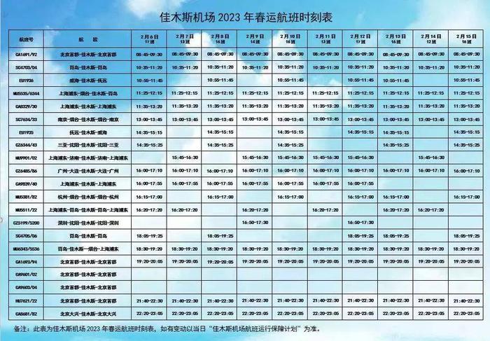 佳木斯机场2023年春运航班时刻表