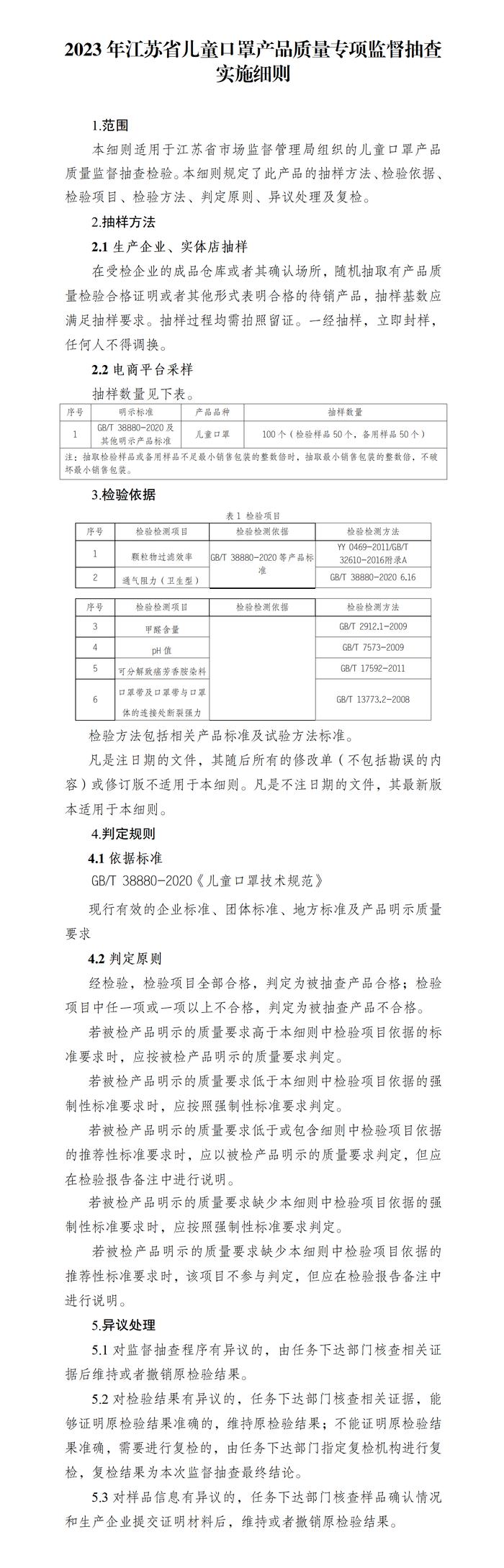 2023年江苏省儿童口罩产品质量专项监督抽查实施细则发布