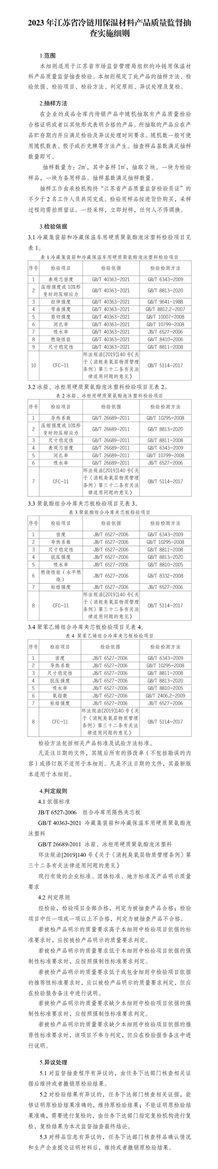 2023年江苏省冷链用保温材料产品质量监督抽查实施细则发布