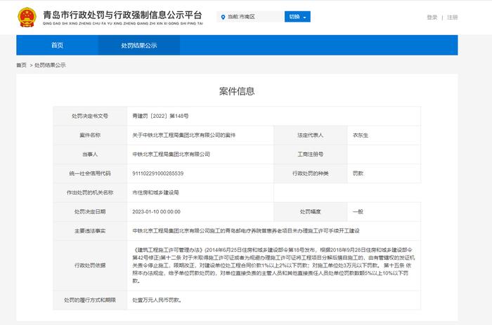 在青岛邮电疗养院普惠养老项目中无证开工  中铁北京工程局集团北京公司与青岛海滨花园大酒店均被罚