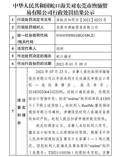 蛇口海关公示对东莞市煦驰贸易有限公司侵犯“realme”商标专用权商品案行政处罚结果