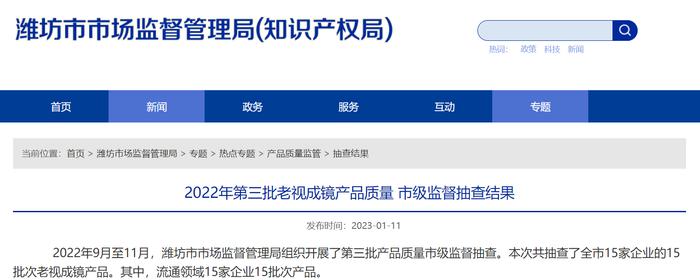 山东省潍坊市市场监督管理局抽查15批次老视成镜产品 不合格1批次