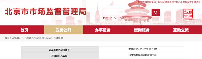 北京市昌平区市场监督管理局关于北京亚都环保科技有限公司的行政处罚信息