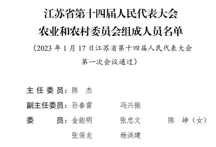 江苏省第十四届人民代表大会各专门委员会主任委员、副主任委员、委员名单