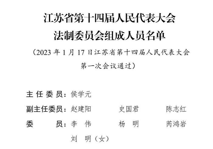 江苏省第十四届人民代表大会各专门委员会主任委员、副主任委员、委员名单