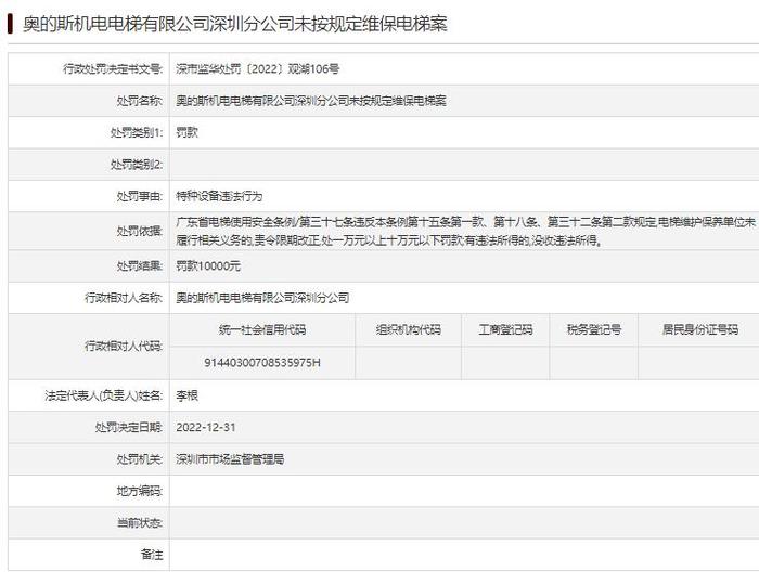 奥的斯电梯深圳1个月内第2度被罚 存在特种设备违法