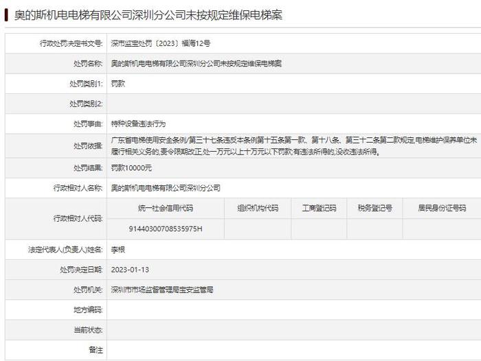 奥的斯电梯深圳1个月内第2度被罚 存在特种设备违法