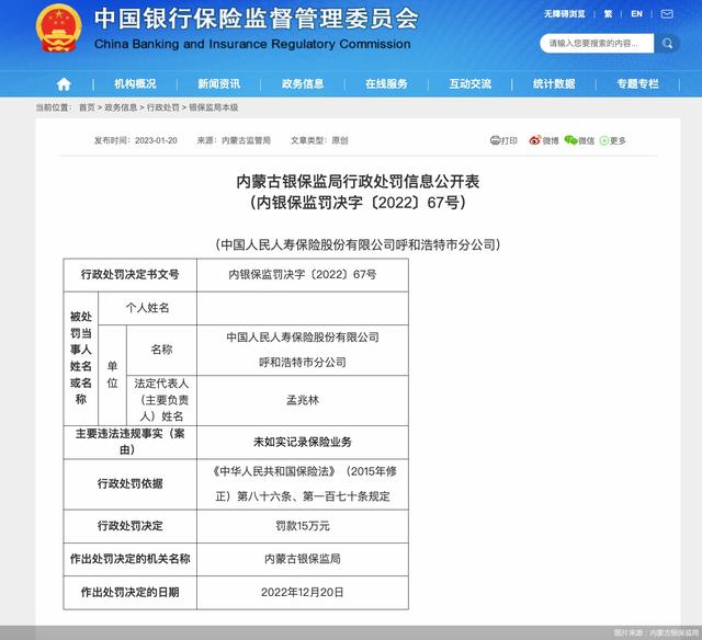 因未如实记录保险业务，人保寿险呼和浩特市分公司被罚款15万元