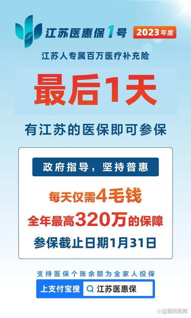 仅剩1天！超480万人参保的“江苏医惠保1号”即将停售！上支付宝即可参保