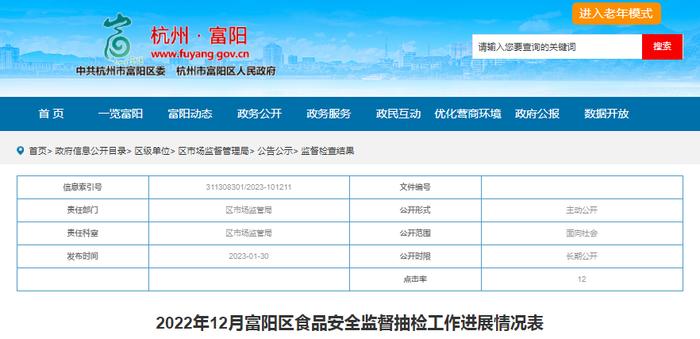 2022年12月杭州市富阳区食品安全监督抽检工作进展情况表