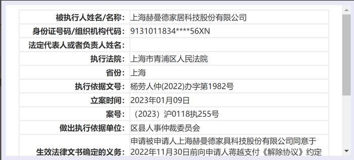 赫曼德家居成失信被执行人，涉案金额6713.7元