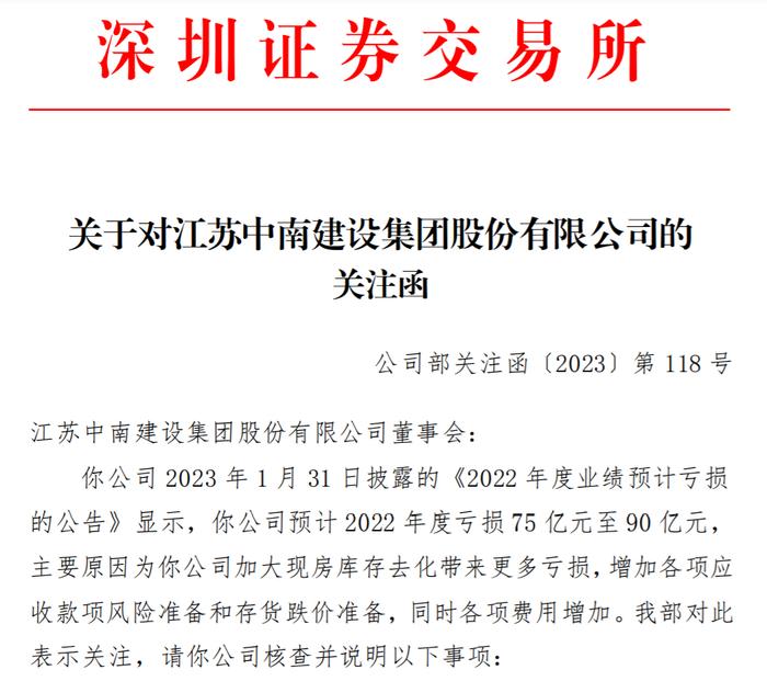 中南建设收深交所关注函，要求说明2022年预计存货跌价准备计提情况等