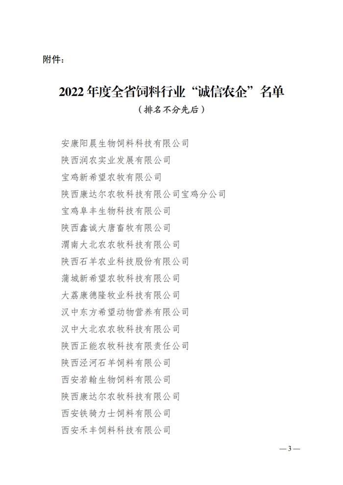 2022年度陕西省饲料行业 “诚信农企”荣誉单位