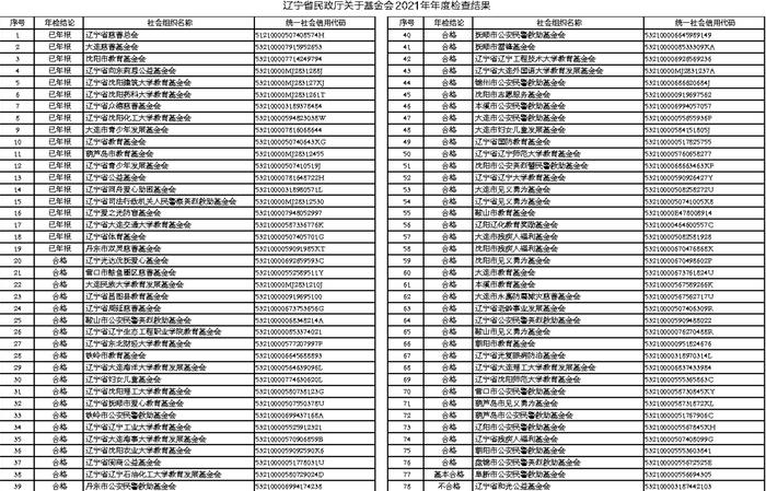 辽宁省民政厅关于基金会2021年年度检查结果公告