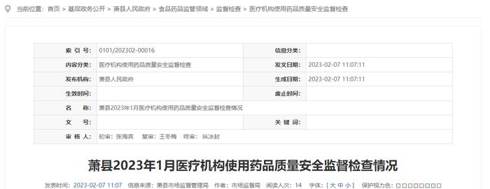 安徽省萧县公布2023年1月医疗机构使用药品质量安全监督检查情况