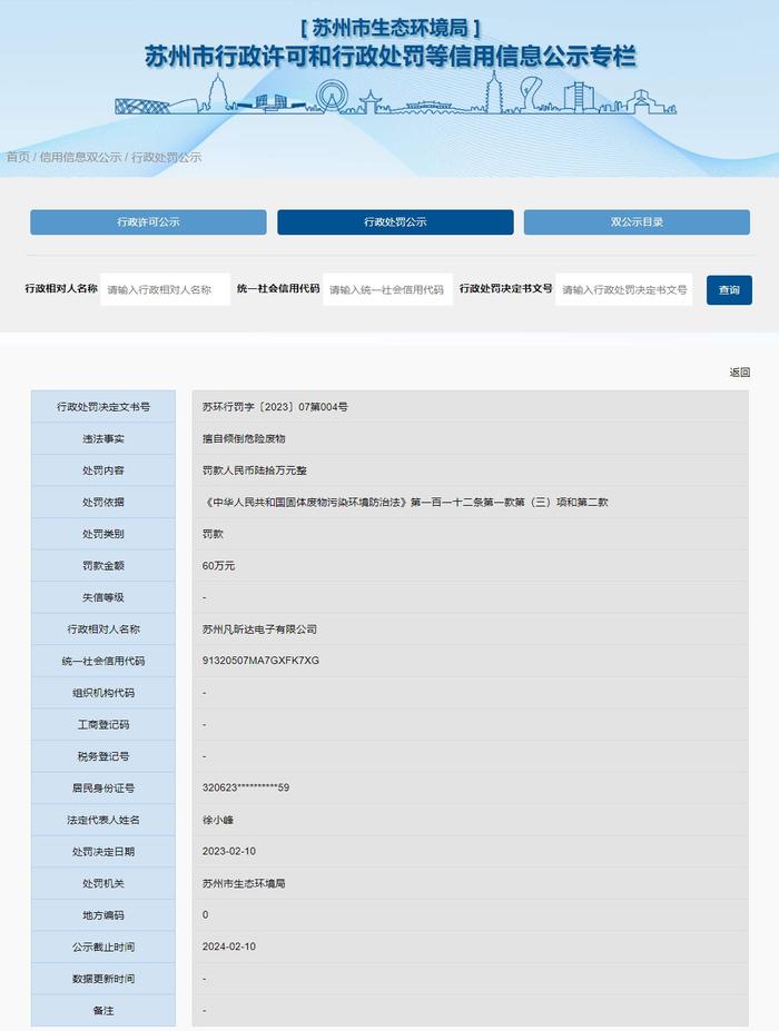 江苏省苏州市生态环境局关于苏州凡昕达电子有限公司的行政处罚信息