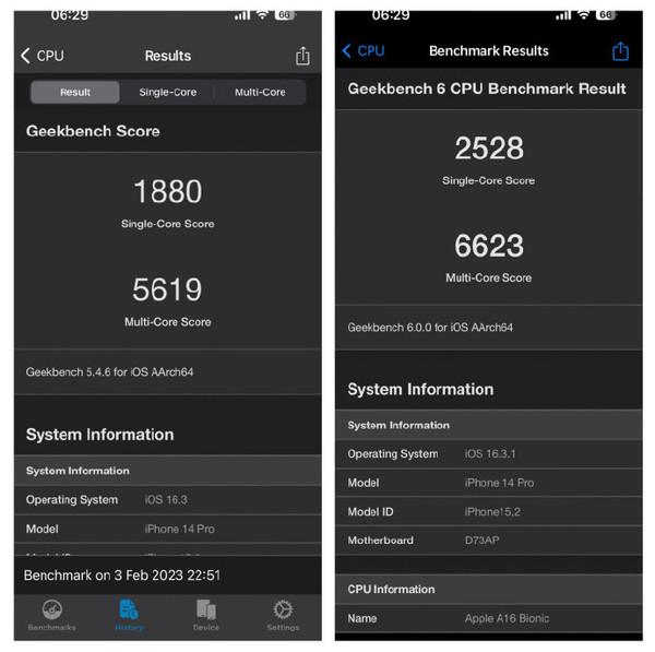 iPhone14Pro新旧版本跑分对比(图源微博)