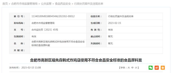 使用不符合食品安全标准的食品原料  合肥市高新区喵先森韩式炸鸡店被罚款1000元