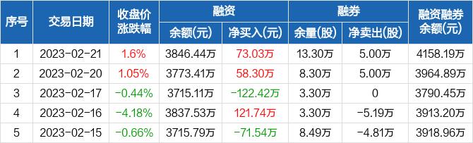 中捷精工：融资净买入73.03万元，融资余额3846.44万元（02-21）