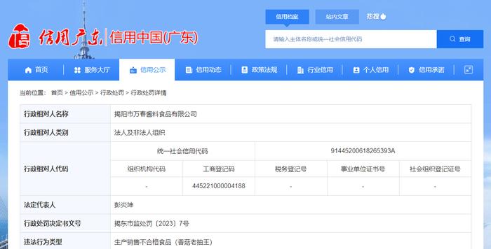 广东省揭阳市揭东区市场监督管理局公开对揭阳市万春酱料食品有限公司行政处罚信息