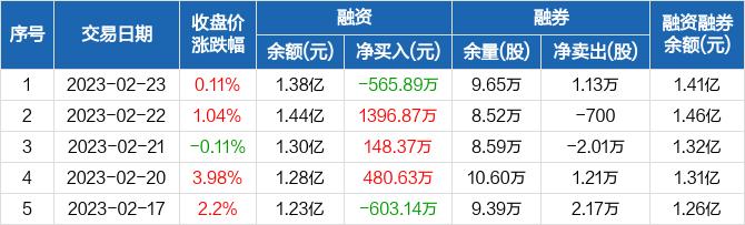 朗姿股份：融资净偿还565.89万元，融资余额1.38亿元（02-23）