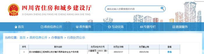 四川省住房和城乡建设厅公开对四川波耀建筑工程有限公司行政处罚信息