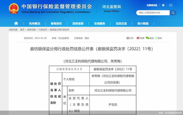 因提供虚假资料等，河北三玉利保险代理合计被罚款12万元