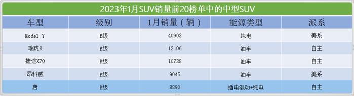 1月SUV市场销量TOP20：特斯拉ModelY夺冠，15款自主车型进榜