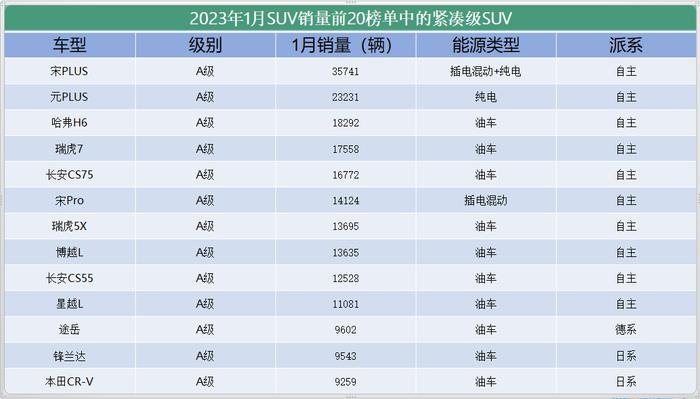 1月SUV市场销量TOP20：特斯拉ModelY夺冠，15款自主车型进榜