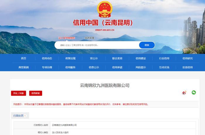 未按规定填写病历资料  云南锦欣九洲医院有限公司被处罚