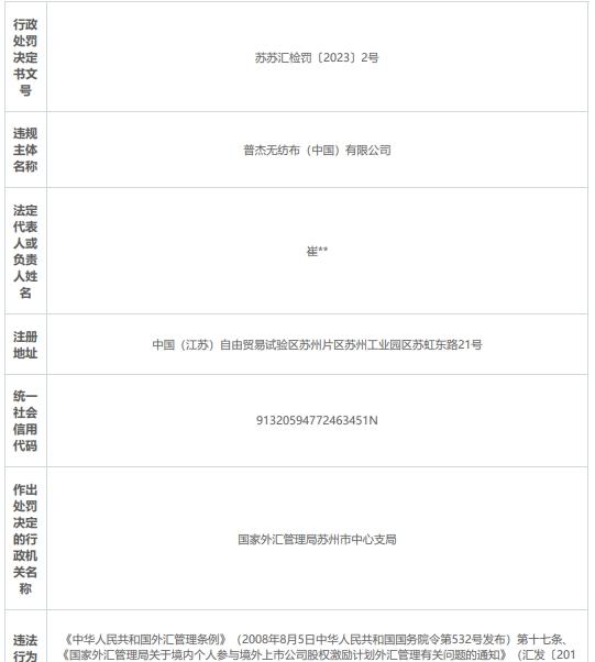 普杰无纺布公司违反外汇登记管理规定被罚