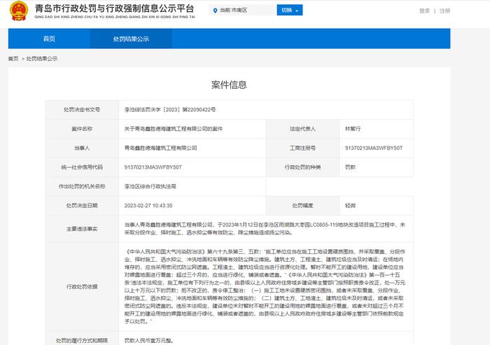未采取有效防尘措施造成扬尘污染  青岛鑫胜德海建筑工程有限公司被处罚