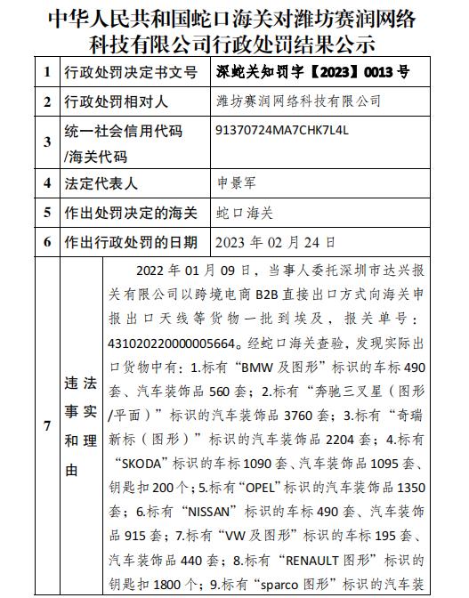 蛇口海关公示对潍坊赛润网络科技有限公司侵犯商标专用权商品案行政处罚结果