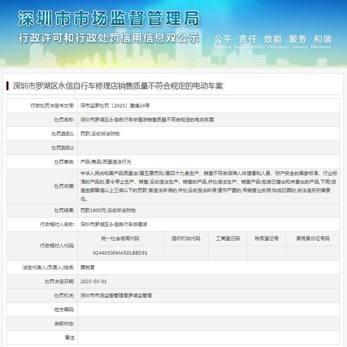 深圳市罗湖区永信自行车修理店销售质量不符合规定的电动车案