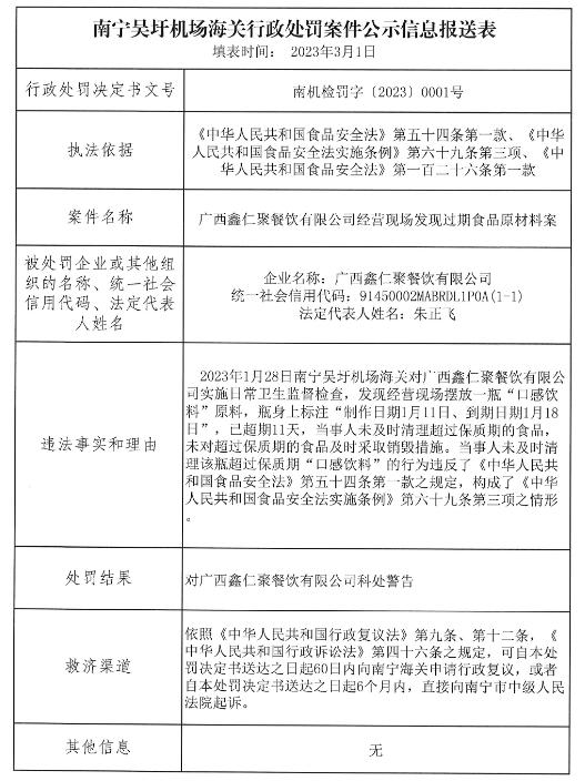 南宁吴圩机场海关公示对“广西鑫仁聚餐饮有限公司经营现场发现过期食品原材料案”行政处罚信息