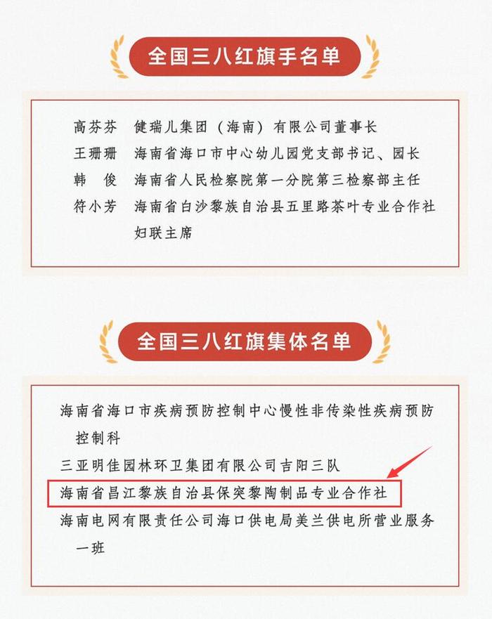 海南昌江保突黎陶制品专业合作社荣获全国三八红旗集体荣誉