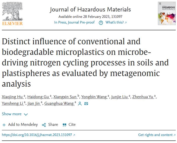 JHM | 东北地理所在微塑料残留对黑土及微塑料圈中微生物氮代谢影响机制方面取得重要进展
