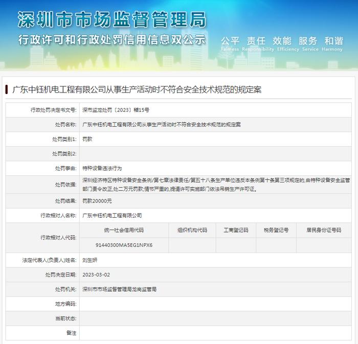 广东中钰机电工程有限公司从事生产活动时不符合安全技术规范的规定案